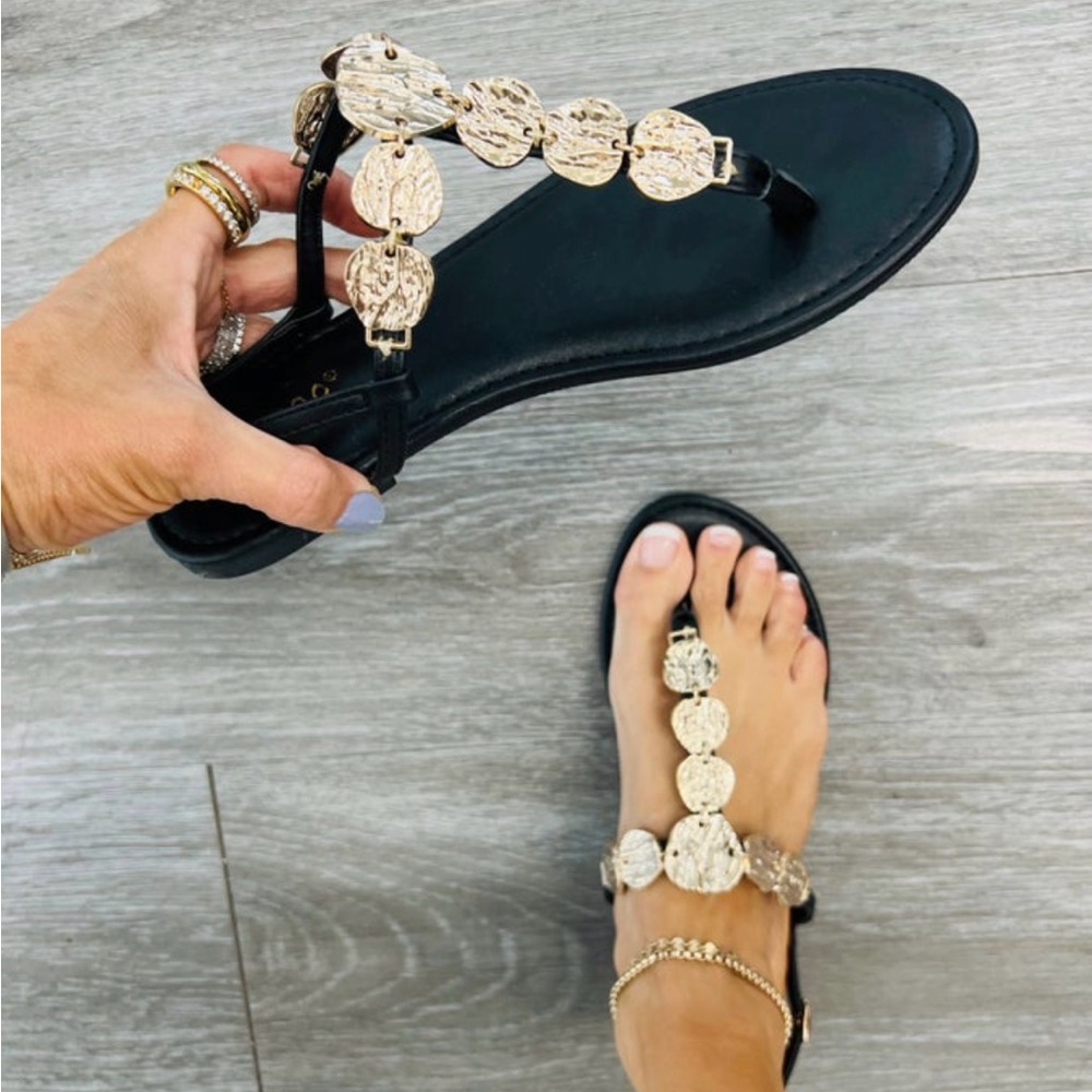 BAMBOO Black and Gold Coin Sandals